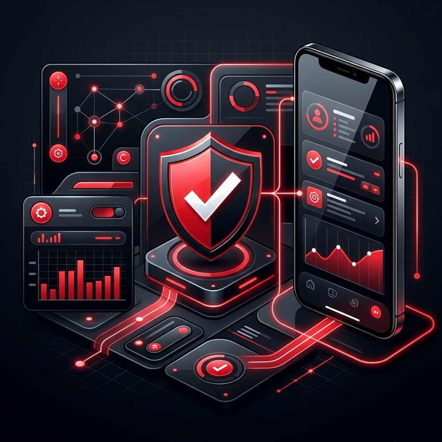 Support dashboard with secure login and device safety visuals